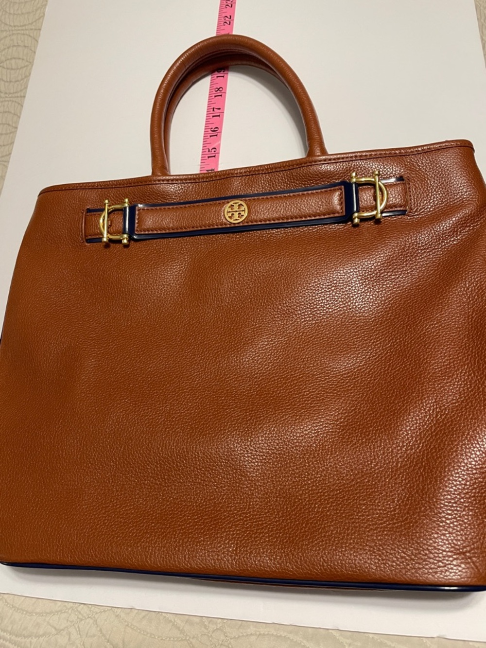 Tory Burch Cognac Jardin Pebbled Leather Tote with Navy Trim - Picture 10 of 11